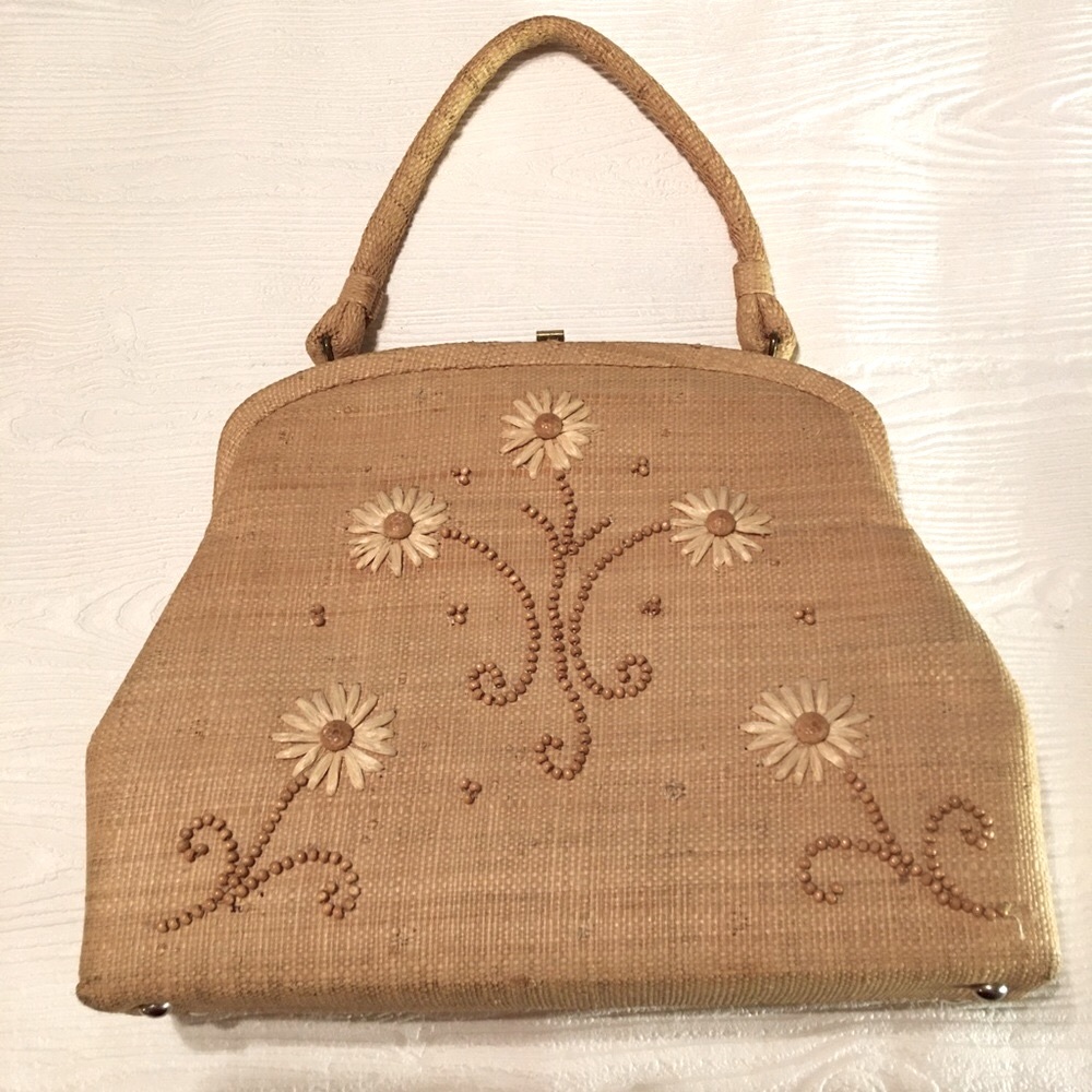 Soure' Vintage Straw handbag, embellished with flowers and beads